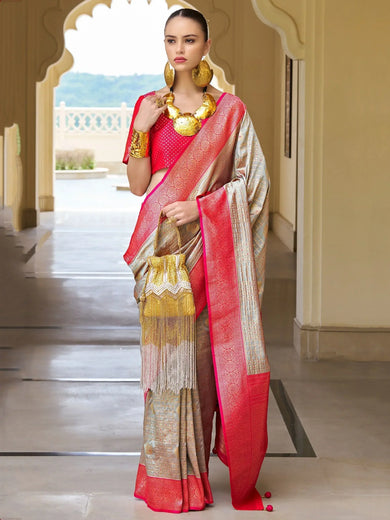 Fascinating Grey Zari Weaving Banarasi Silk Event Wear Saree